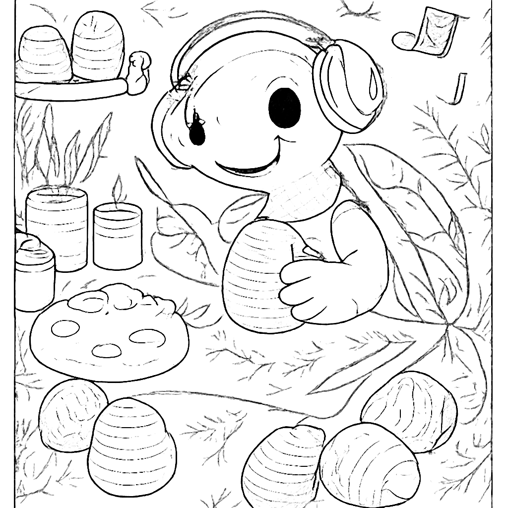 Turtle Ramah dengan Headphone dan Telur Paskah – gambar mewarnai cetak