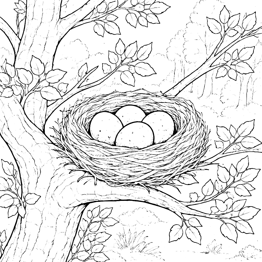 Alfabeto in un nido tra gli alberi – disegno da colorare e stampare