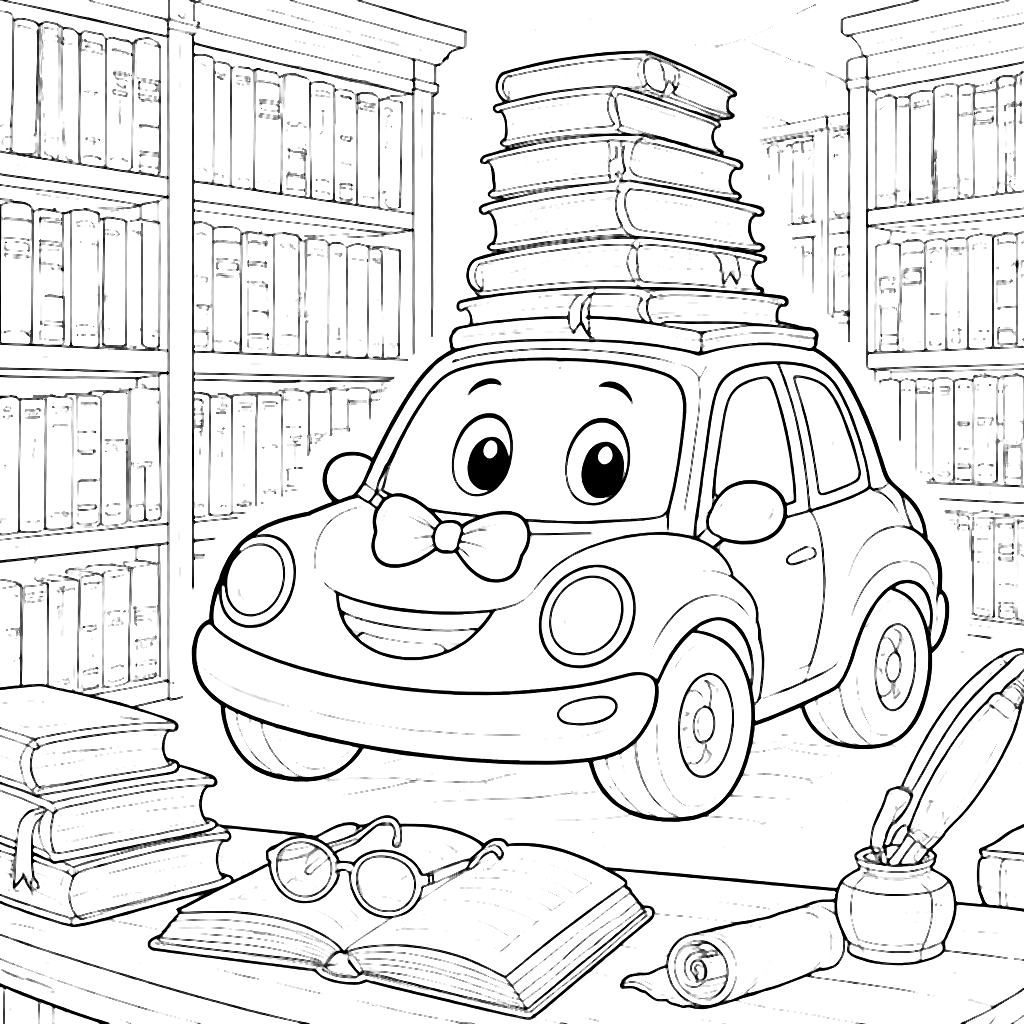 Auto con papillon e libri nella biblioteca - Disegno da colorare – disegno da colorare e stampare