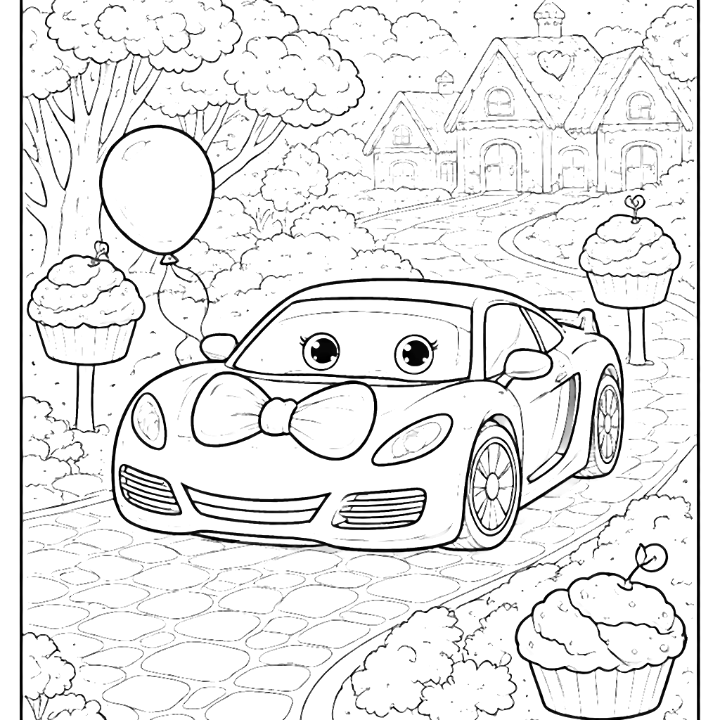 Auto sportive da colorare in un villaggio da favola – disegno da colorare e stampare