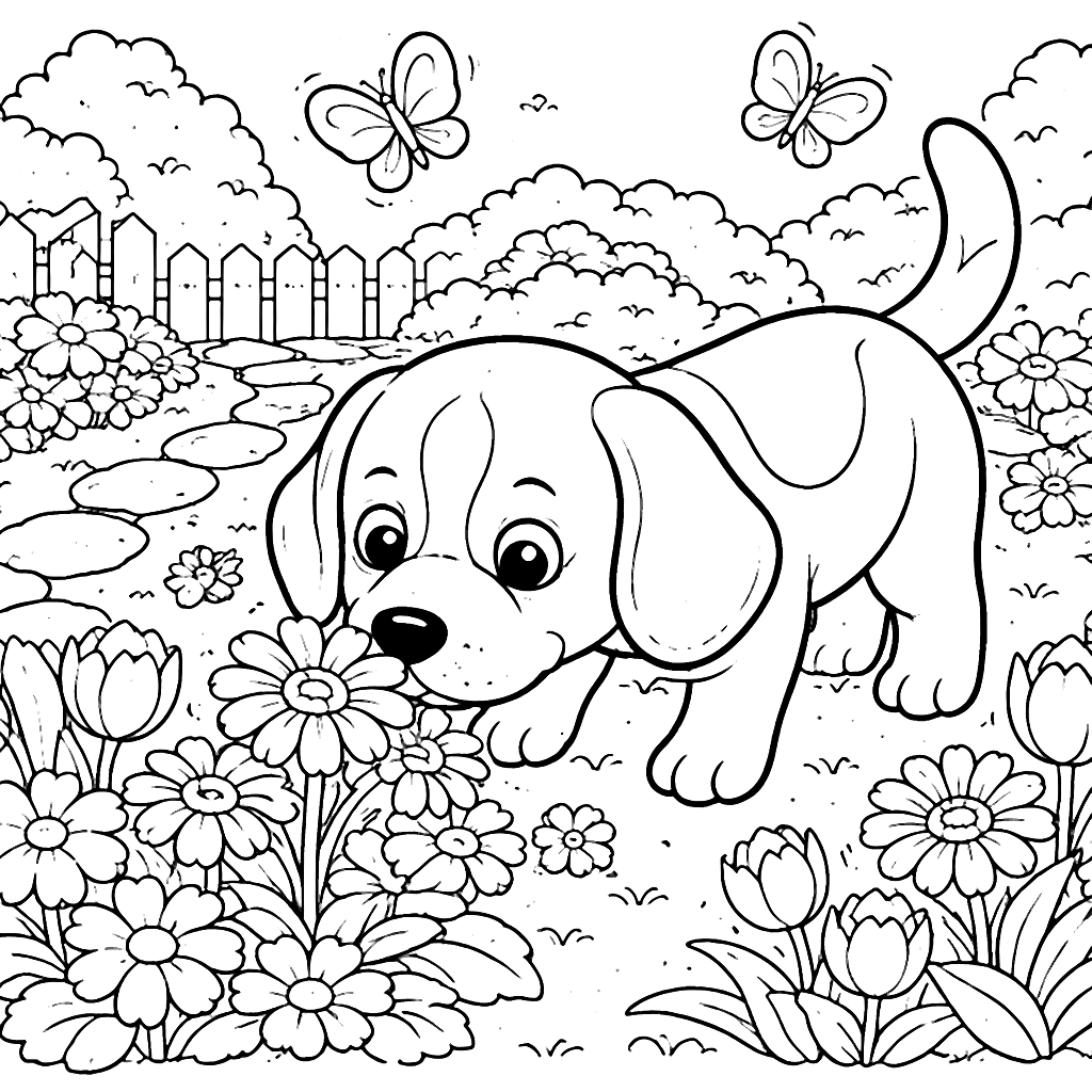 Beagle che annusa un giardino fiorito - Pagina da colorare – disegno da colorare e stampare