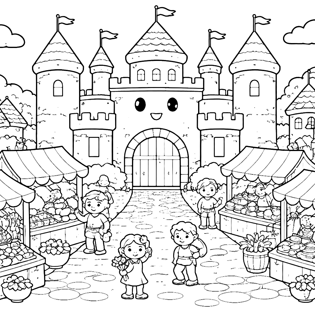Colora i Castelli e il Mercato Storico – disegno da colorare e stampare