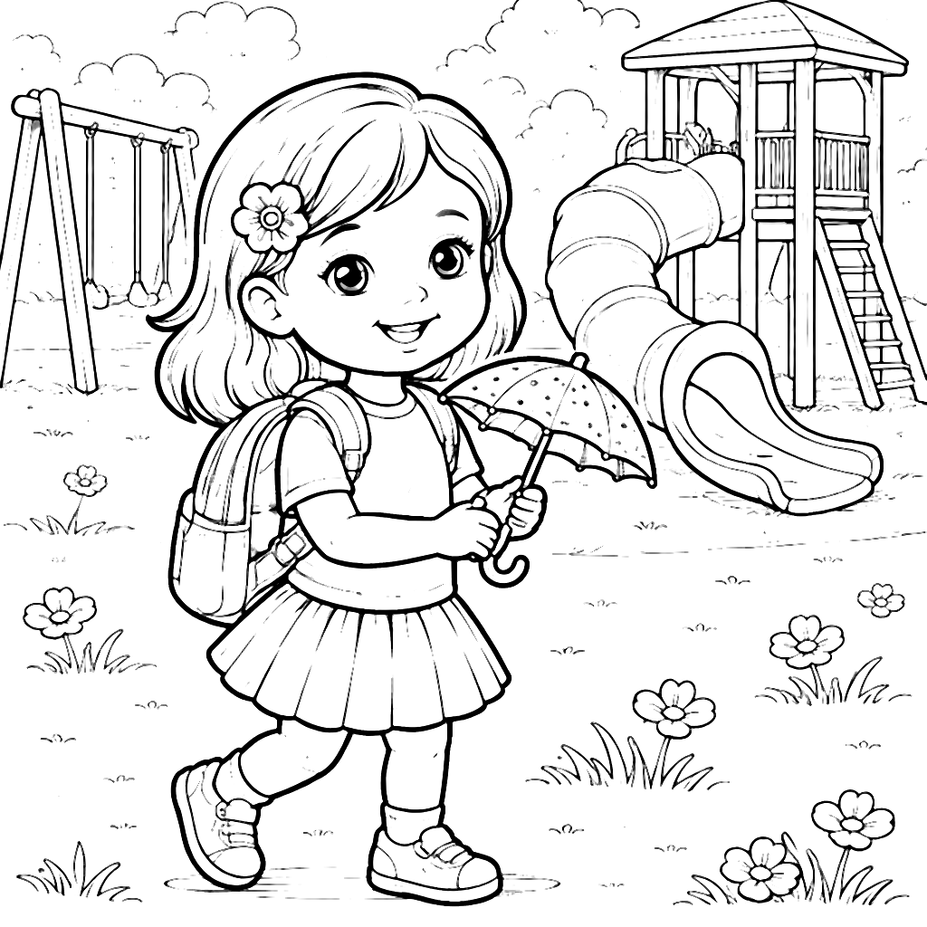 Colora il Giocoso Asilo con Ombrello e Scivolo – disegno da colorare e stampare