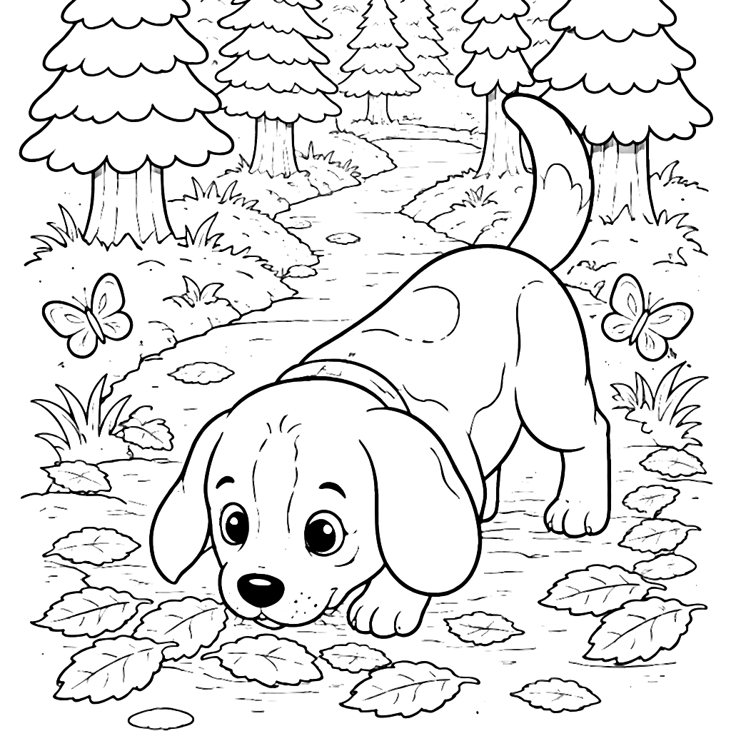 Colora il tuo Beagle nel bosco – disegno da colorare e stampare