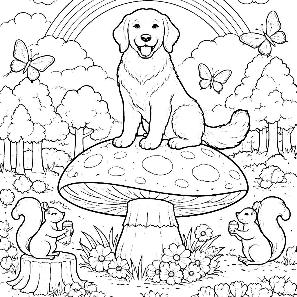 Colora il tuo Golden Retriever su un fungo gigante – disegno da colorare e stampare