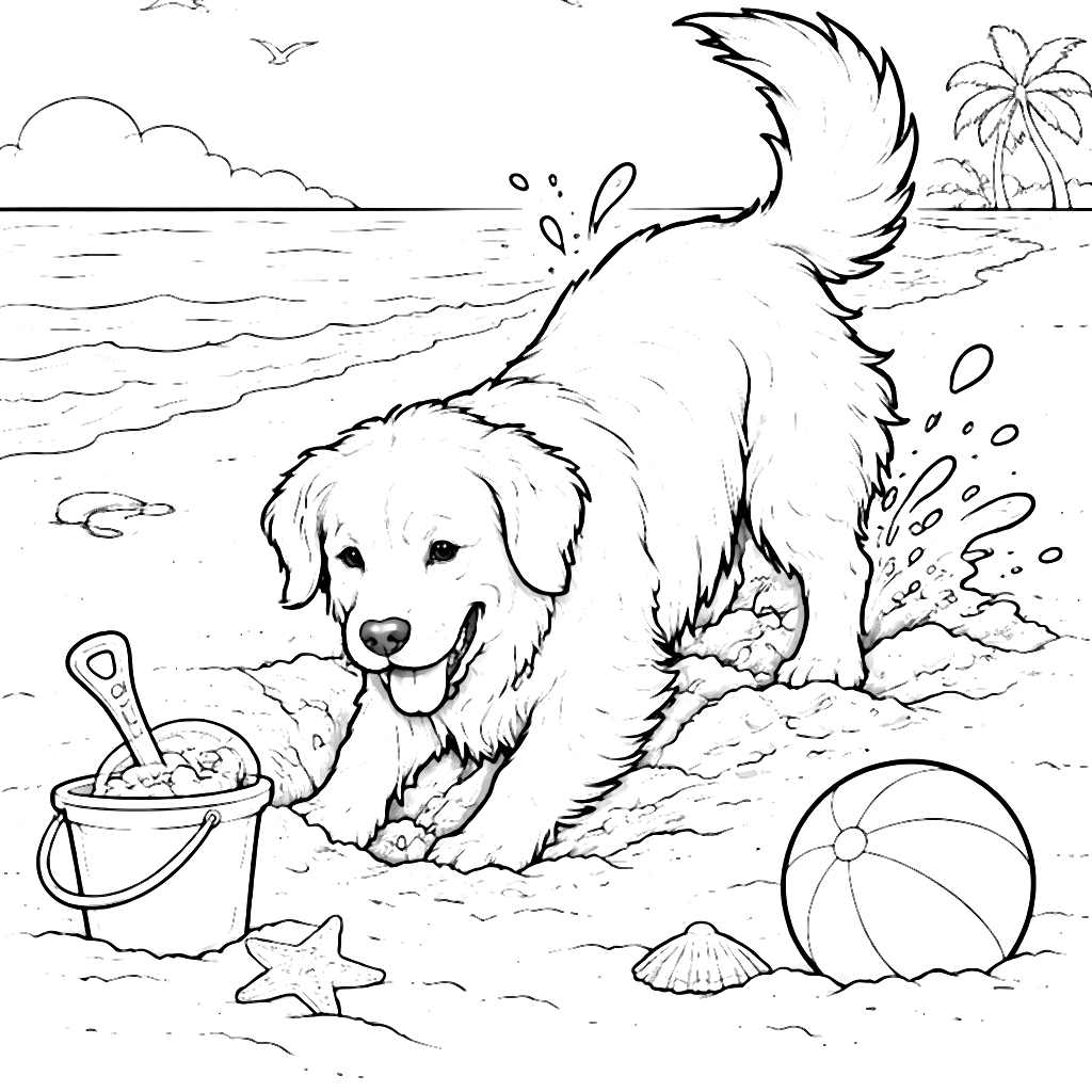 Colora il tuo Golden Retriever sulla spiaggia – disegno da colorare e stampare