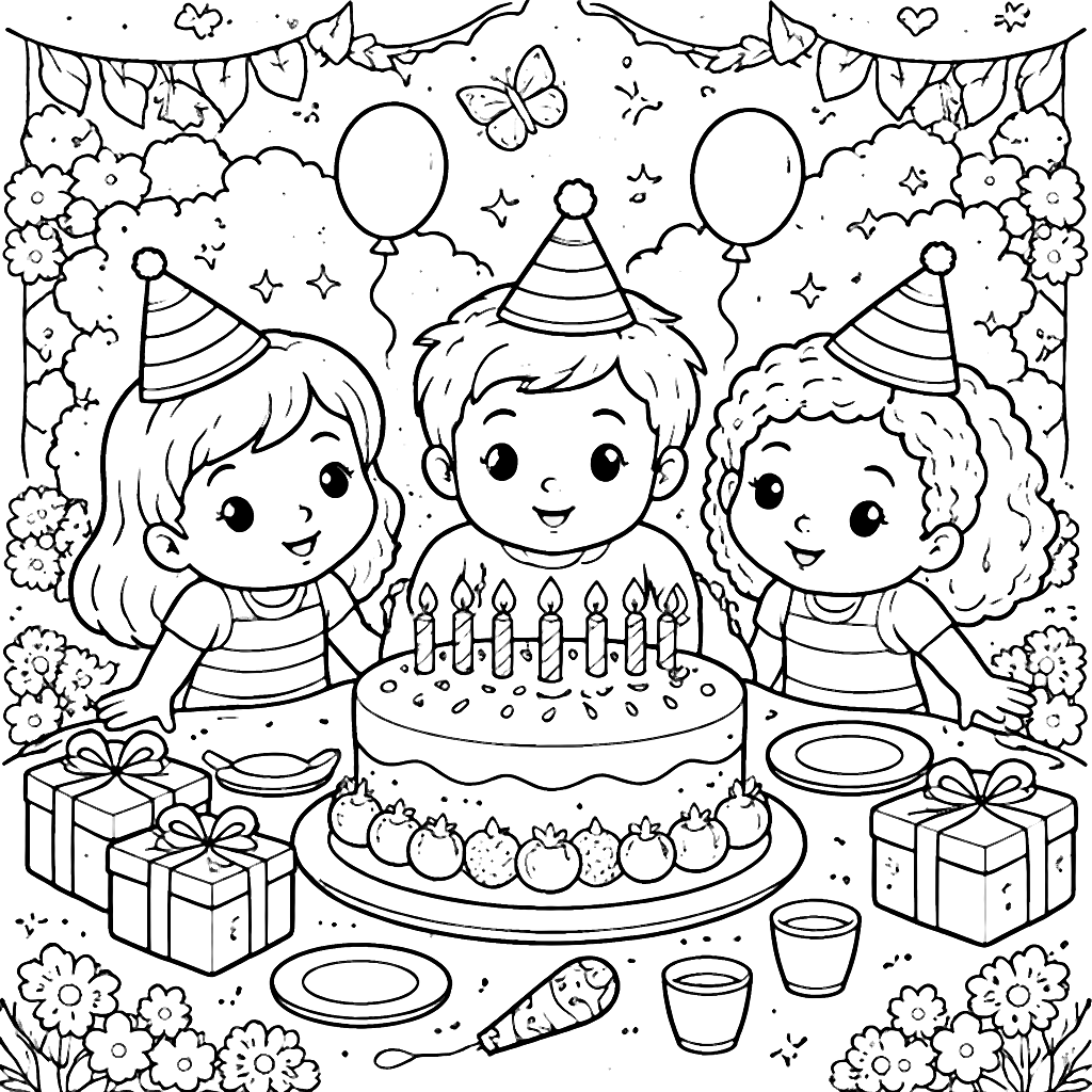 Colora la Festa di Compleanno nel Giardino – disegno da colorare e stampare