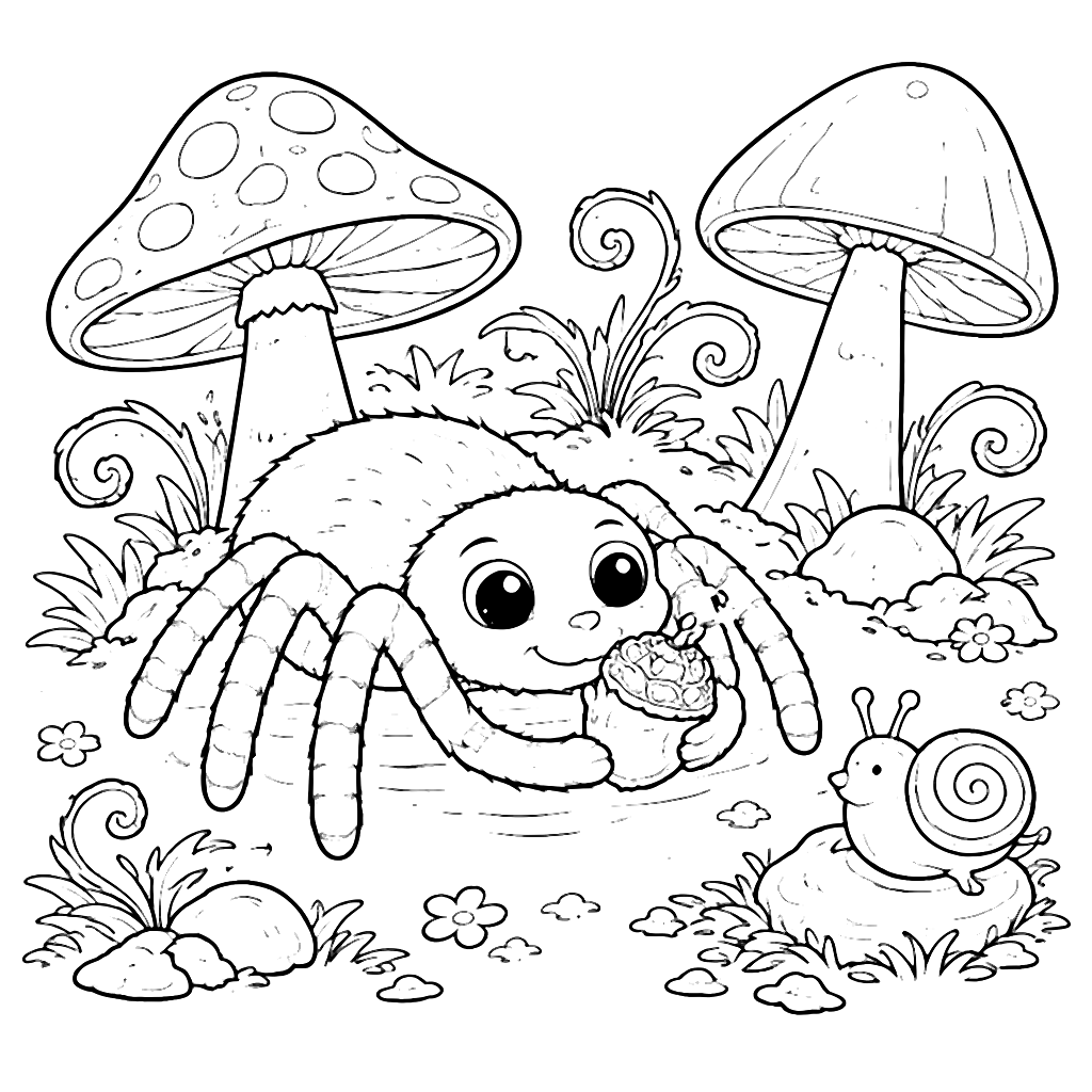 Colora un'amichevole ragno nel suo mini bosco – disegno da colorare e stampare