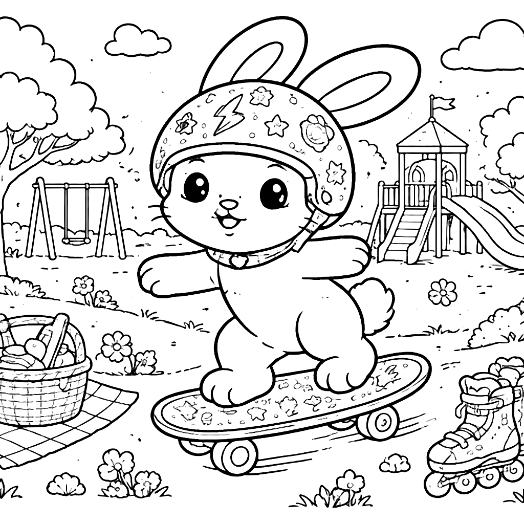 Coniglio giocoso che fa skateboard nel parco – disegno da colorare e stampare