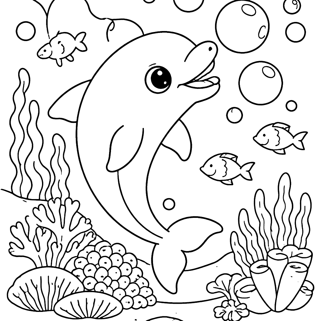 Delfino giocoso in un mondo sottomarino da colorare – disegno da colorare e stampare