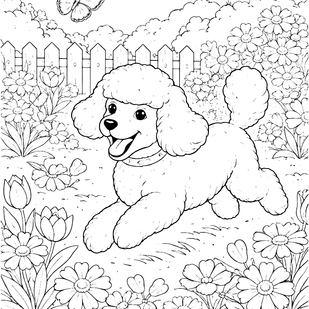 Poodle che insegue una farfalla nel giardino fiorito – disegno da colorare e stampare