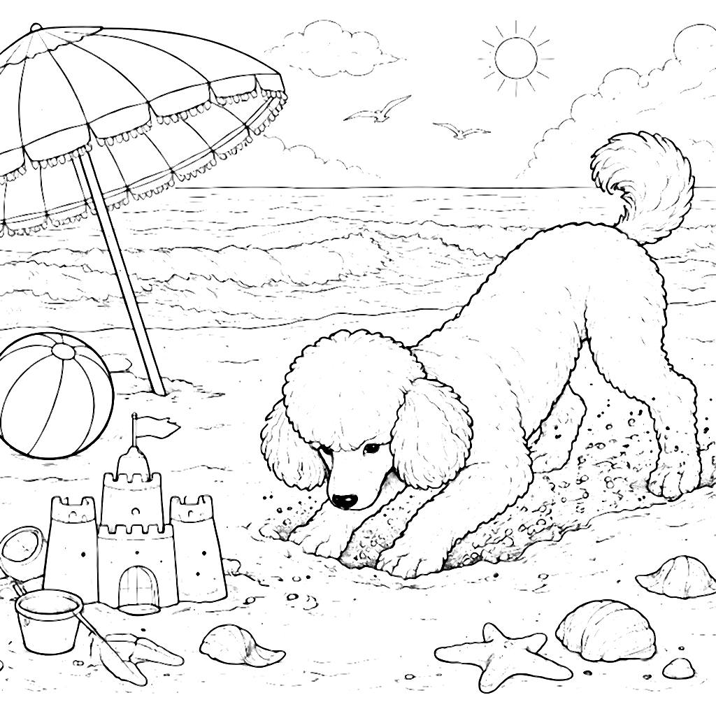 Poodle che scava sulla spiaggia - Pagina da colorare – disegno da colorare e stampare