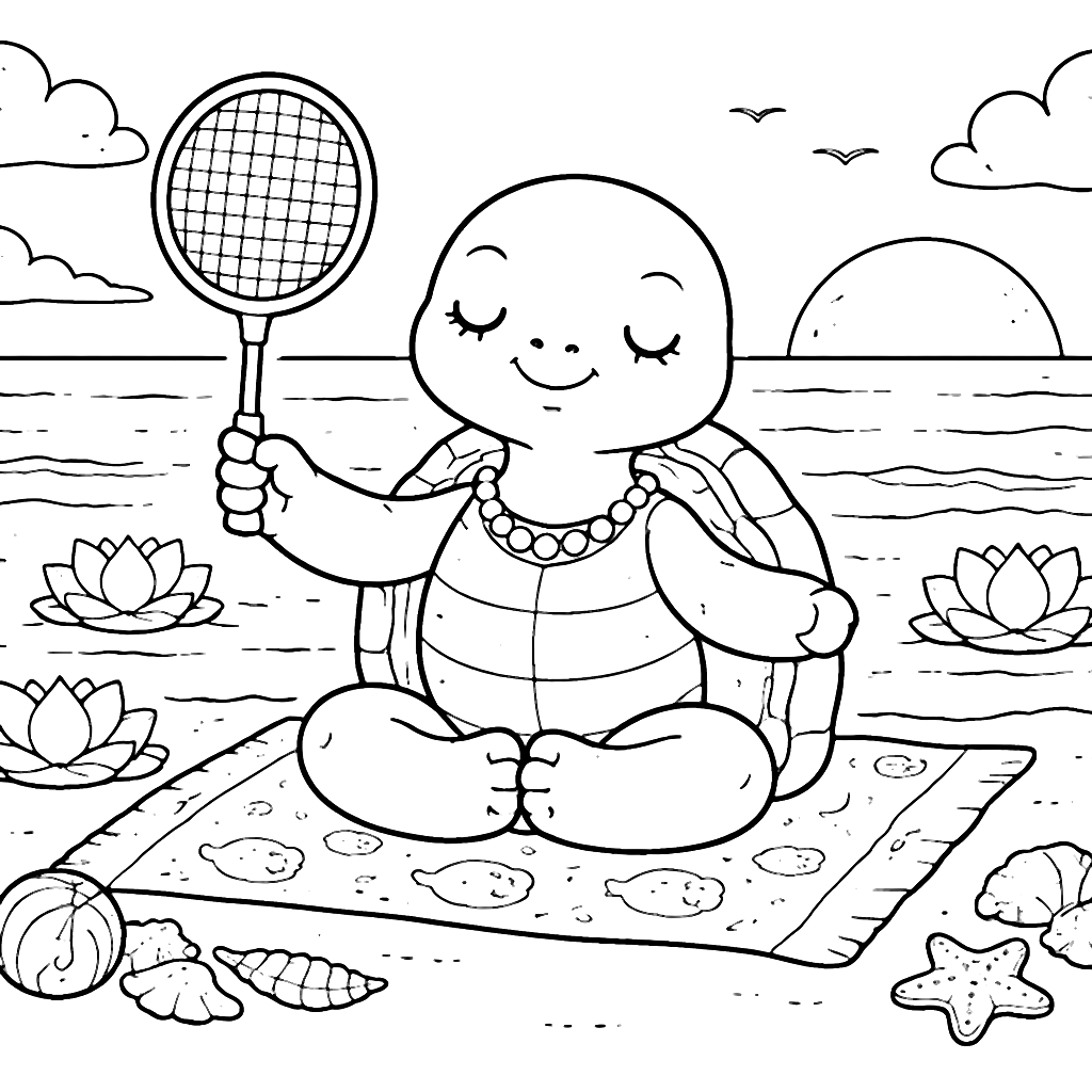 Tartaruga zen che pratica meditazione sulla spiaggia – disegno da colorare e stampare