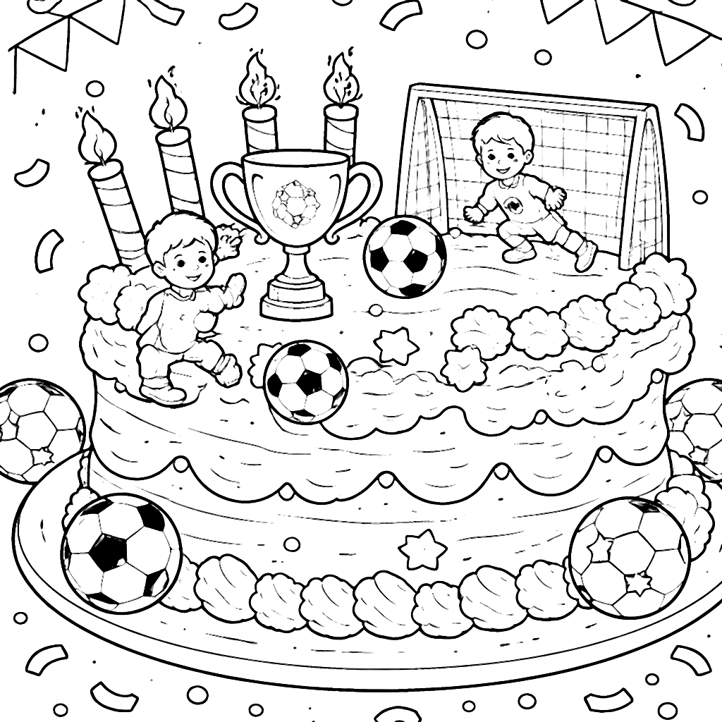 Torta di Compleanno a Tema Calcio da Colorare – disegno da colorare e stampare