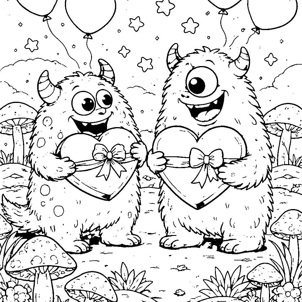 Page da Colorare: Mostri Amichevoli con Regali a Cuore