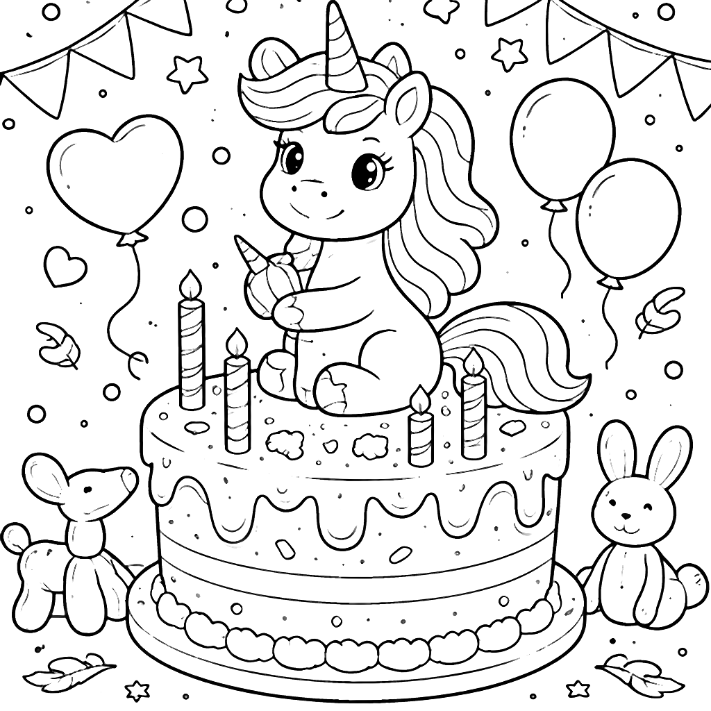 Unicorno su una torta di compleanno da colorare – disegno da colorare e stampare