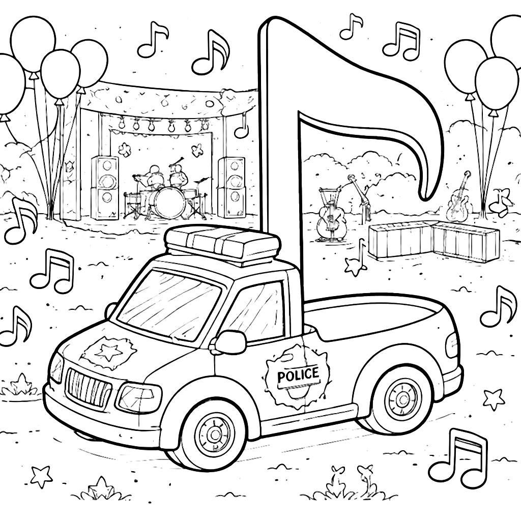 Veicolo della polizia a forma di nota musicale – disegno da colorare e stampare