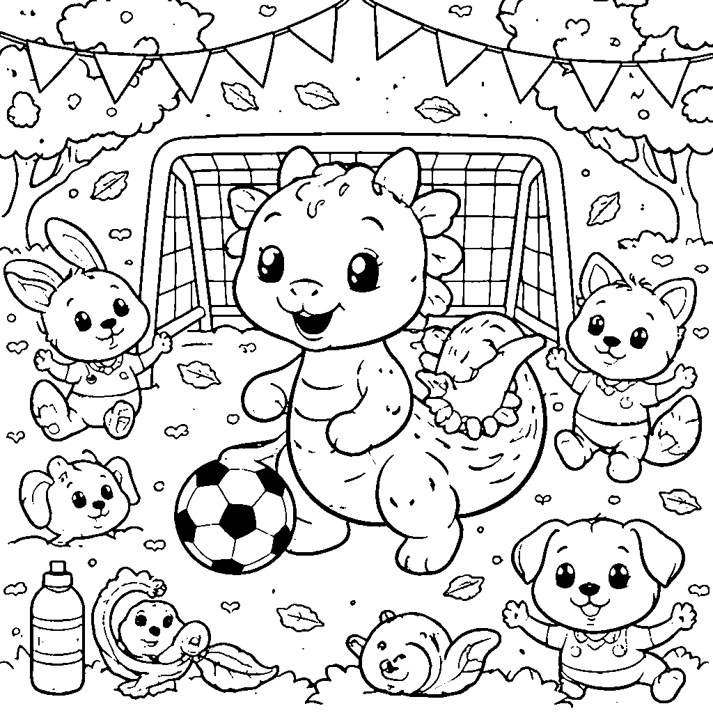 友好的なドラゴンとサッカーの塗り絵 – 塗り絵 プリント