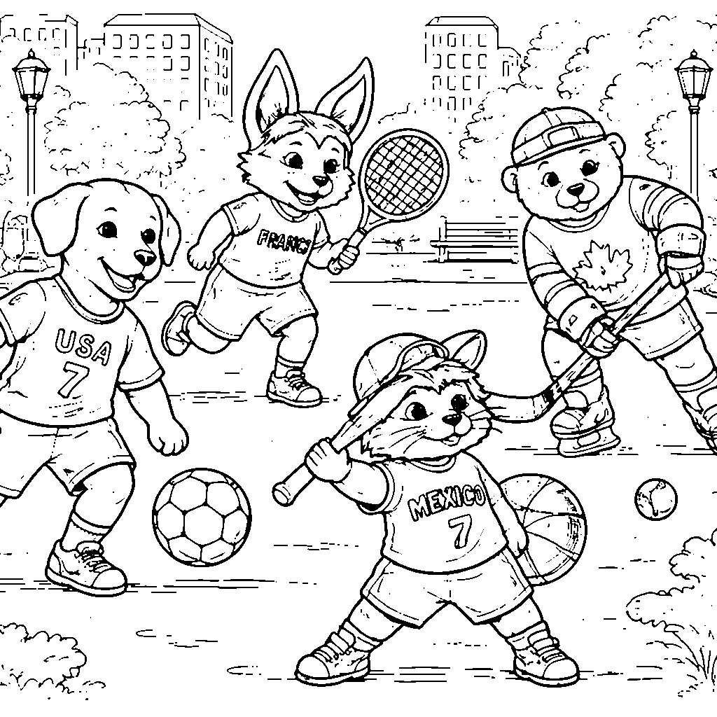 スポーツを楽しむ動物たちの塗り絵ページ – 塗り絵 プリント