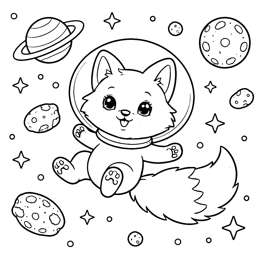 楽しい狐の塗り絵ページ - 宇宙の中で浮かぶ – 塗り絵 プリント