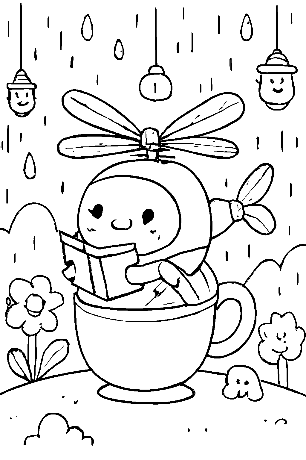 不思議なトンボヘリコプターの塗り絵ページ – 塗り絵 プリント