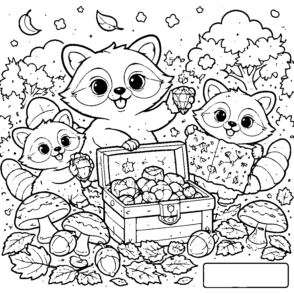 遊び心満載のアライグマファミリー塗り絵