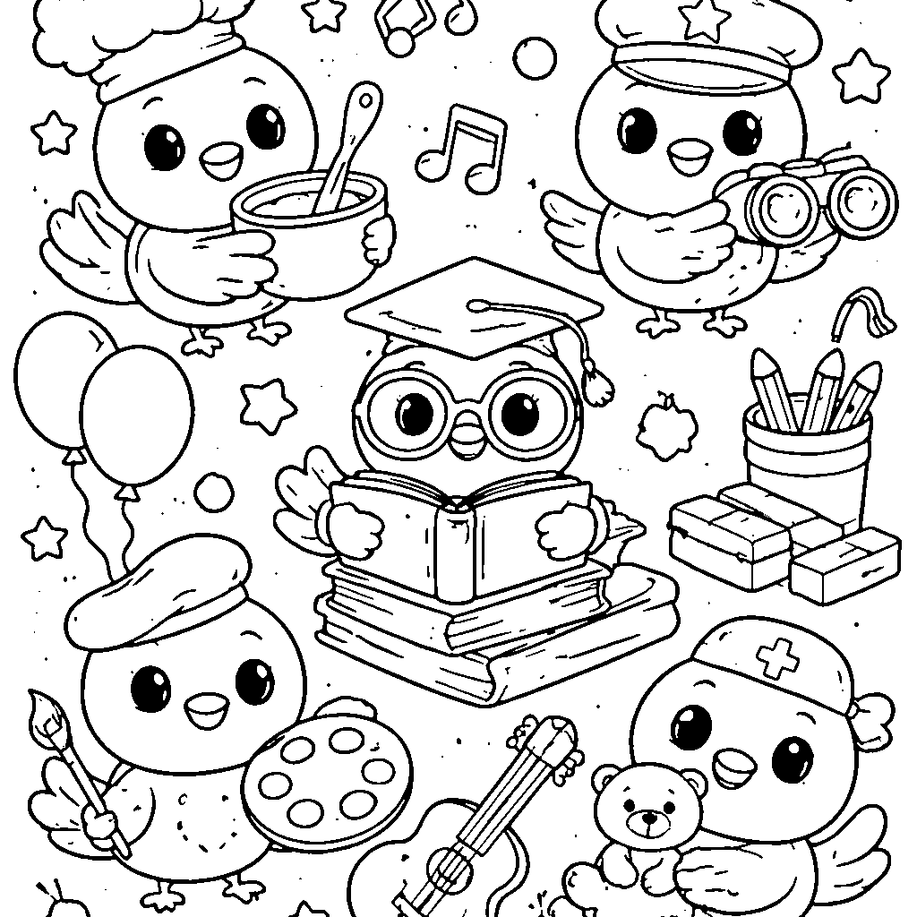 帽子をかぶった鳥たちの塗り絵