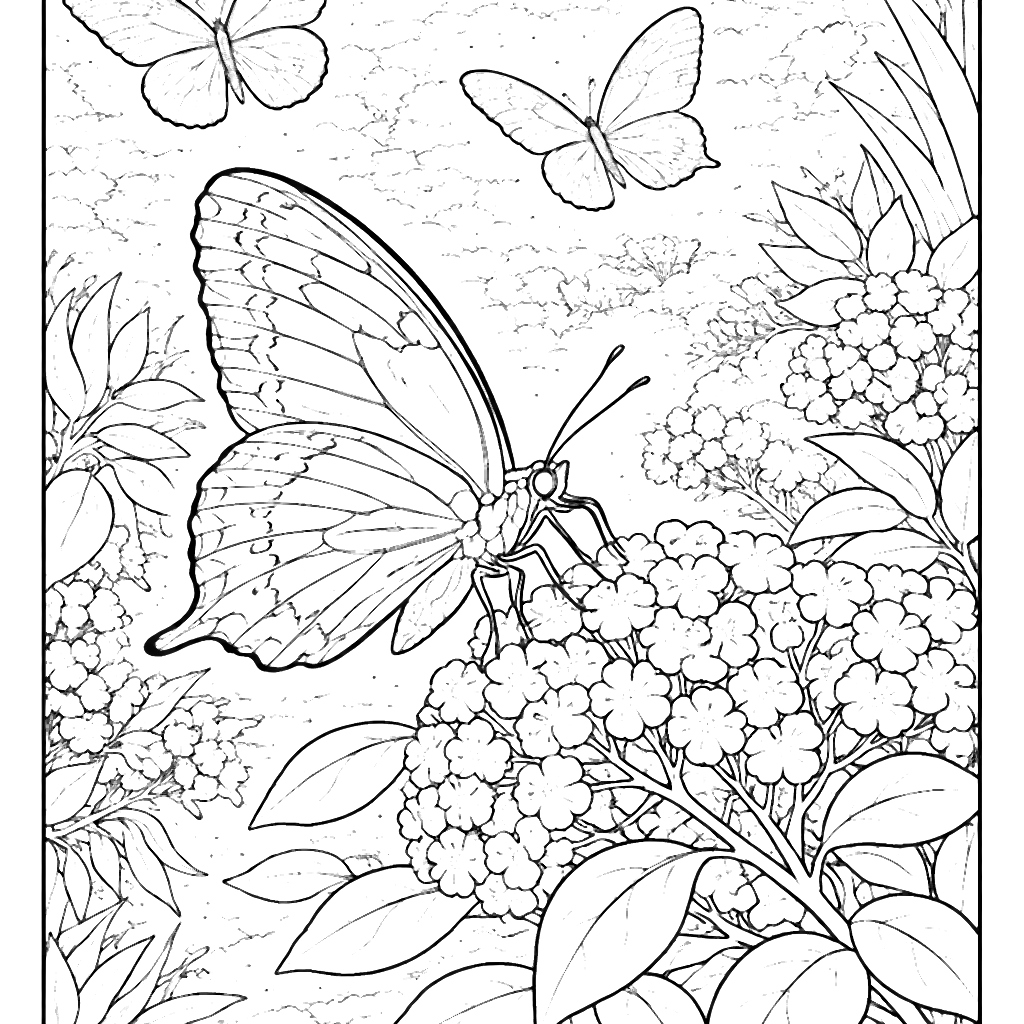 美しい蝶々が花の蜜を吸う塗り絵 – 塗り絵 プリント
