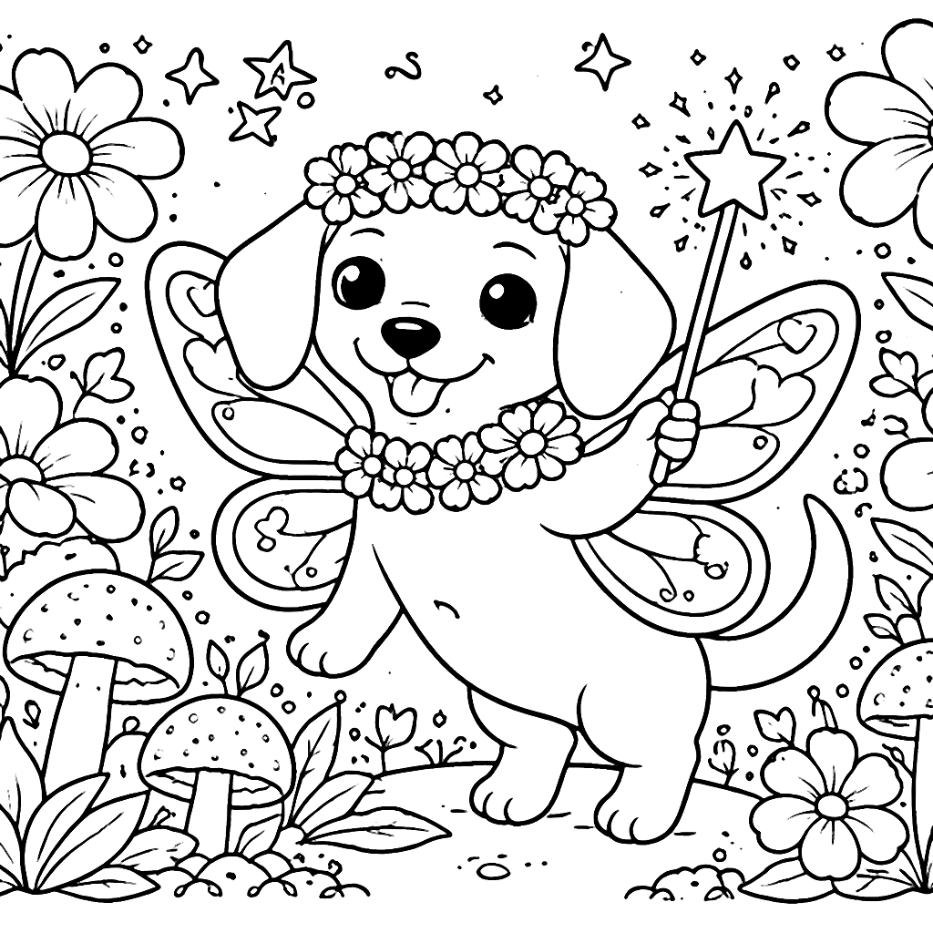 ダックスフントの魔法の庭の塗り絵ページ – 塗り絵 プリント