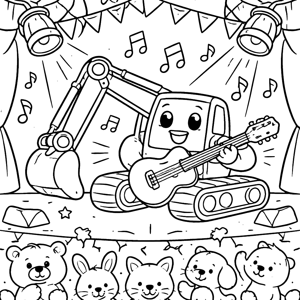 掘削機がギターを弾くコンサートの塗り絵 – 塗り絵 プリント