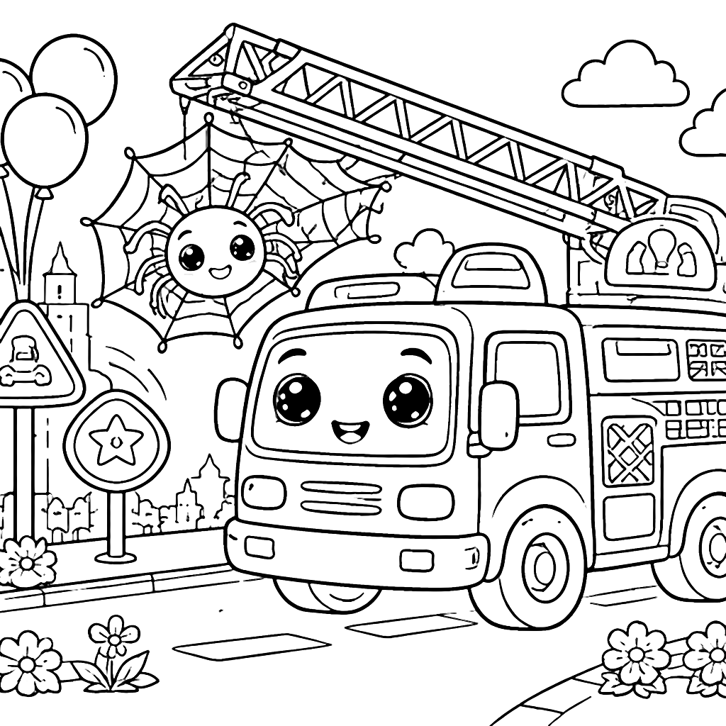 消防車と友好的なクモの塗り絵ページ – 塗り絵 プリント