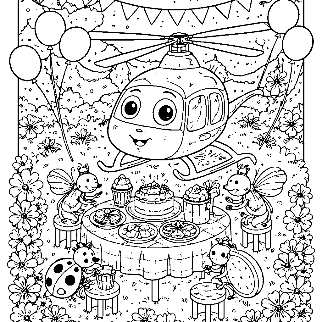 ヘリコプターのガーデンパーティー塗り絵