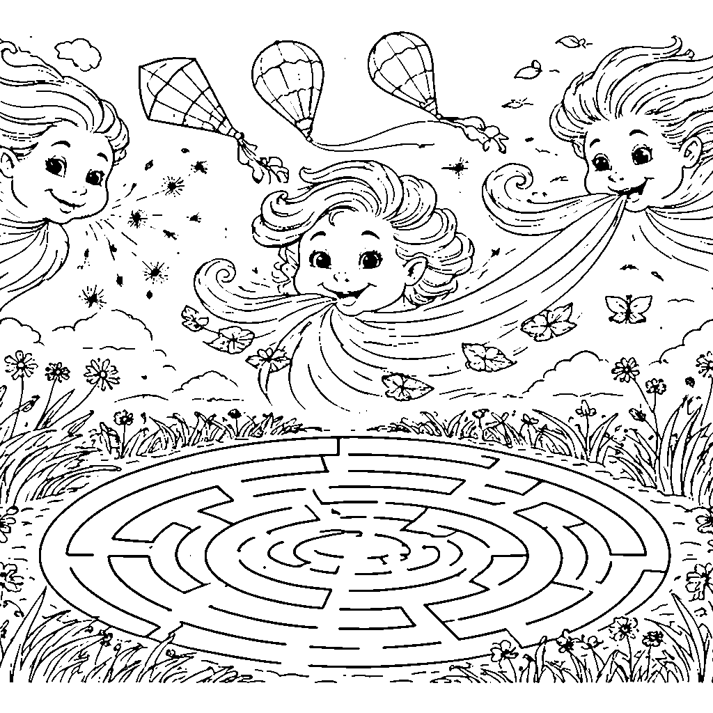 風に舞う生き物たちの塗り絵ページ