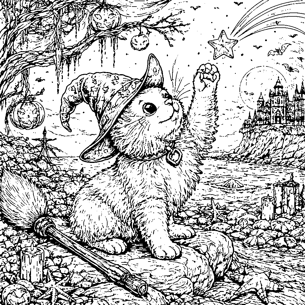好奇心旺盛な猫の魔法使いの塗り絵