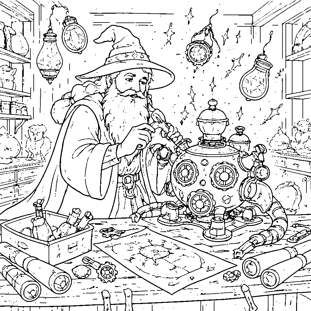 魔法使いの発明家の塗り絵