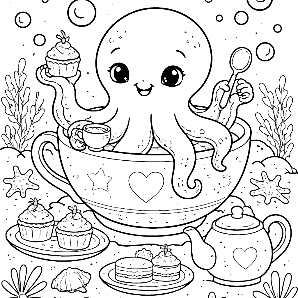 楽しいタコの塗り絵ページ - 水中のティーパーティー – 塗り絵 プリント