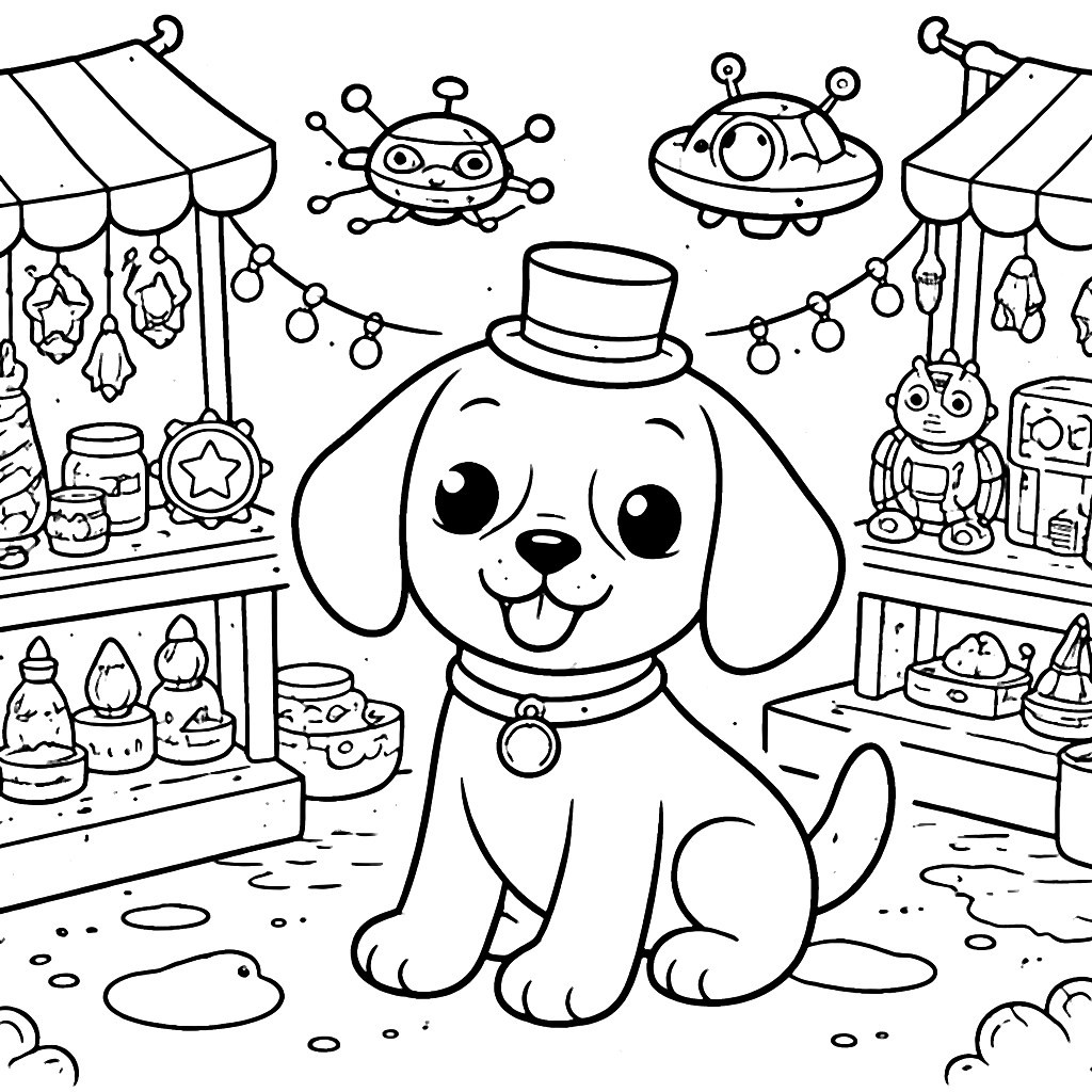 Beagle in een Vintage-Futuristische Vlooienmarkt Kleurplaat