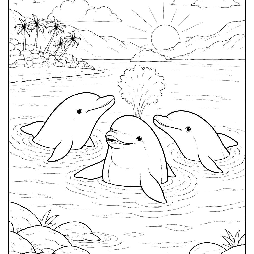 Dolfijnen Kleurplaat: Speelse Dolfijnen in de Ochtend – kleurplaat om af te drukken