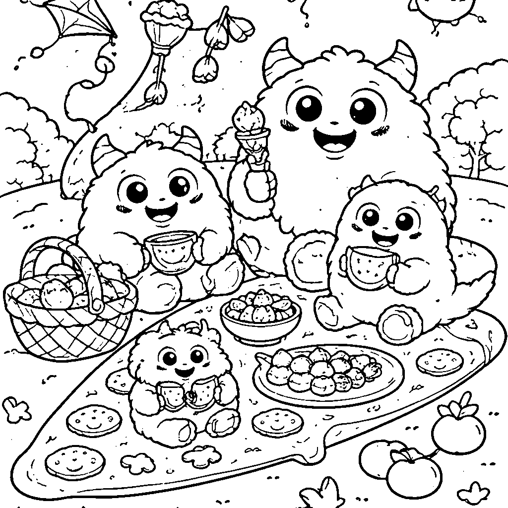 Een monsterfamilie met een picknick