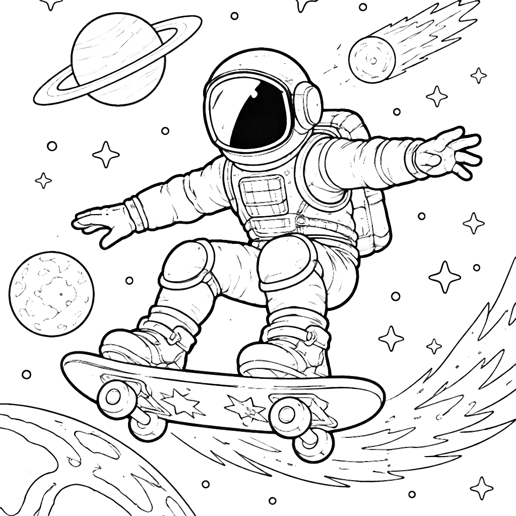 Kleurplaat van een Space Skateboarder in de Ruimte – kleurplaat om af te drukken