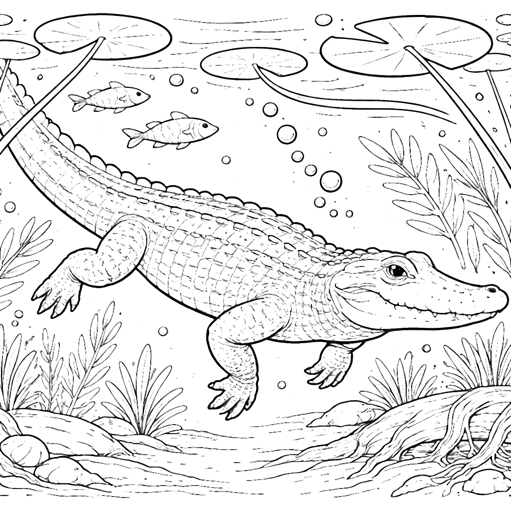 Fargelegge alligator i en ferskvannssump – fargeleggingsark å skrive ut