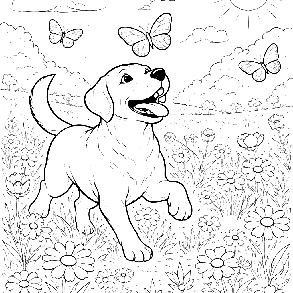 Labrador Retriever Playing in a Wildflower Meadow â fargeleggingsark Ă„ skrive ut