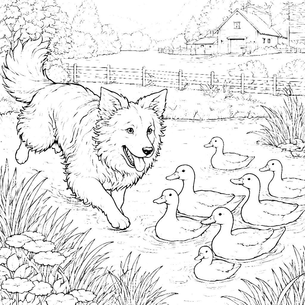Border Collie Herding Ducks on a Farm Pond Coloring Page – kolorowanka do druku