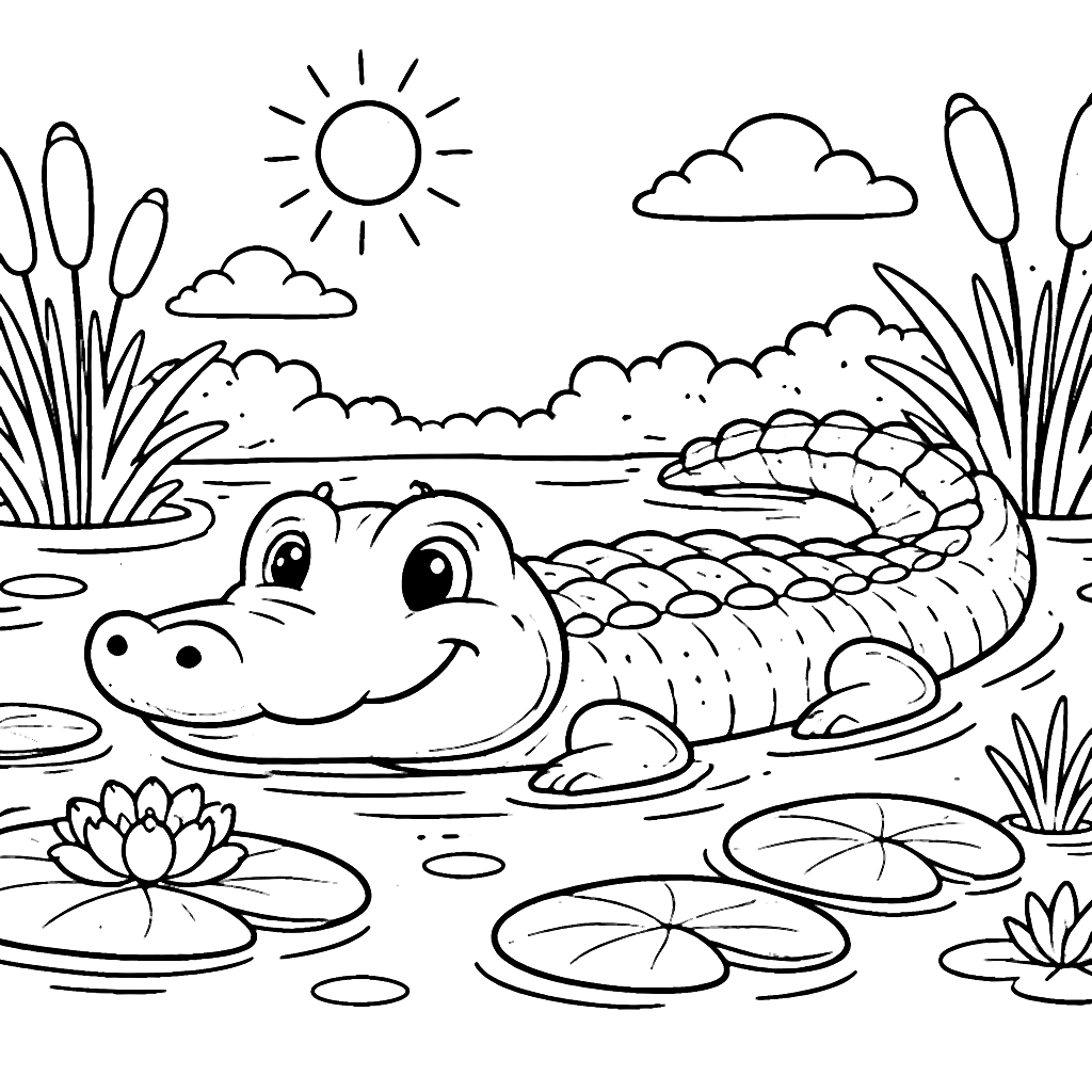 Kolorowanka: Aligator w Słonecznym Bagnie