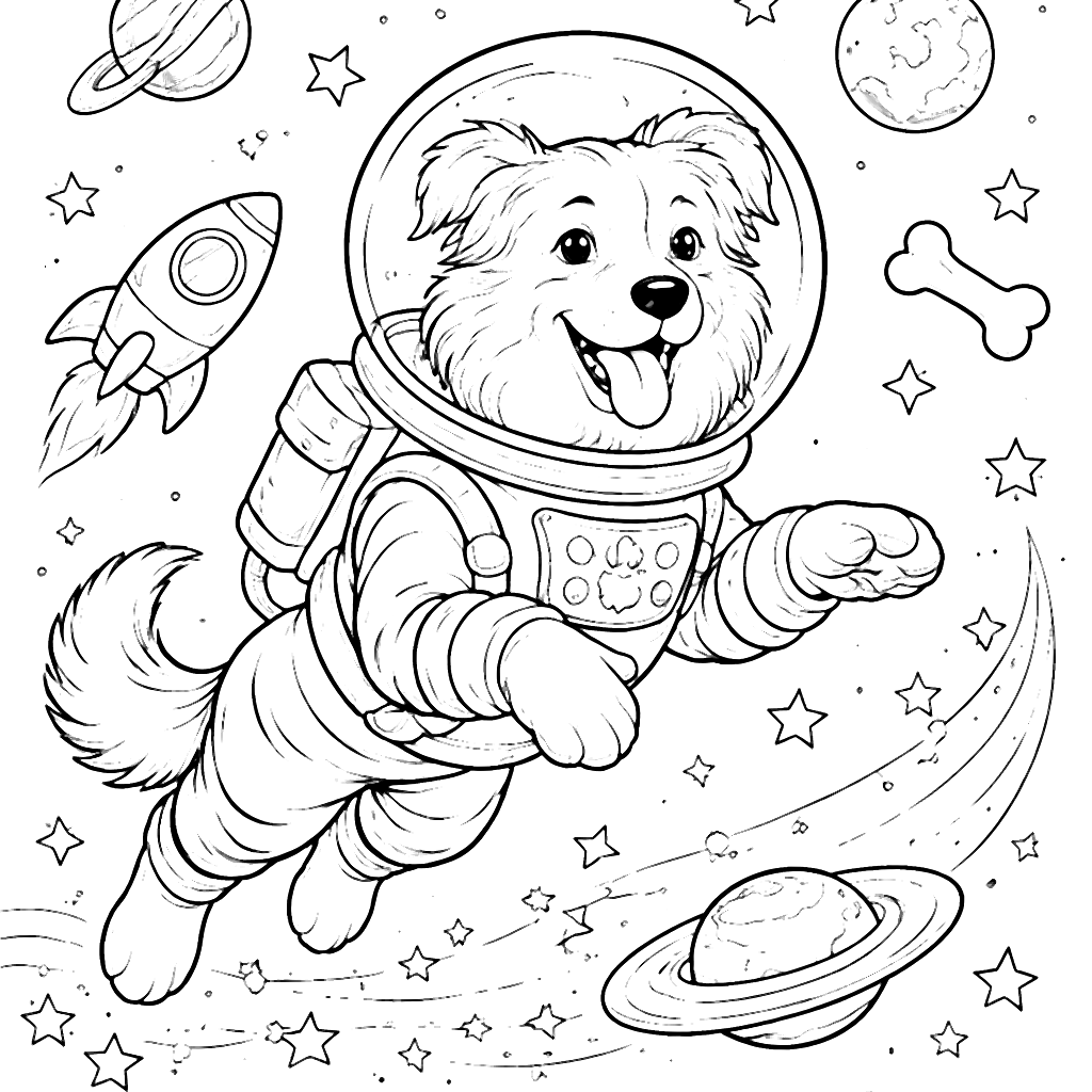 Kolorowanka: Border Collie astronauta w kosmosie – kolorowanka do druku