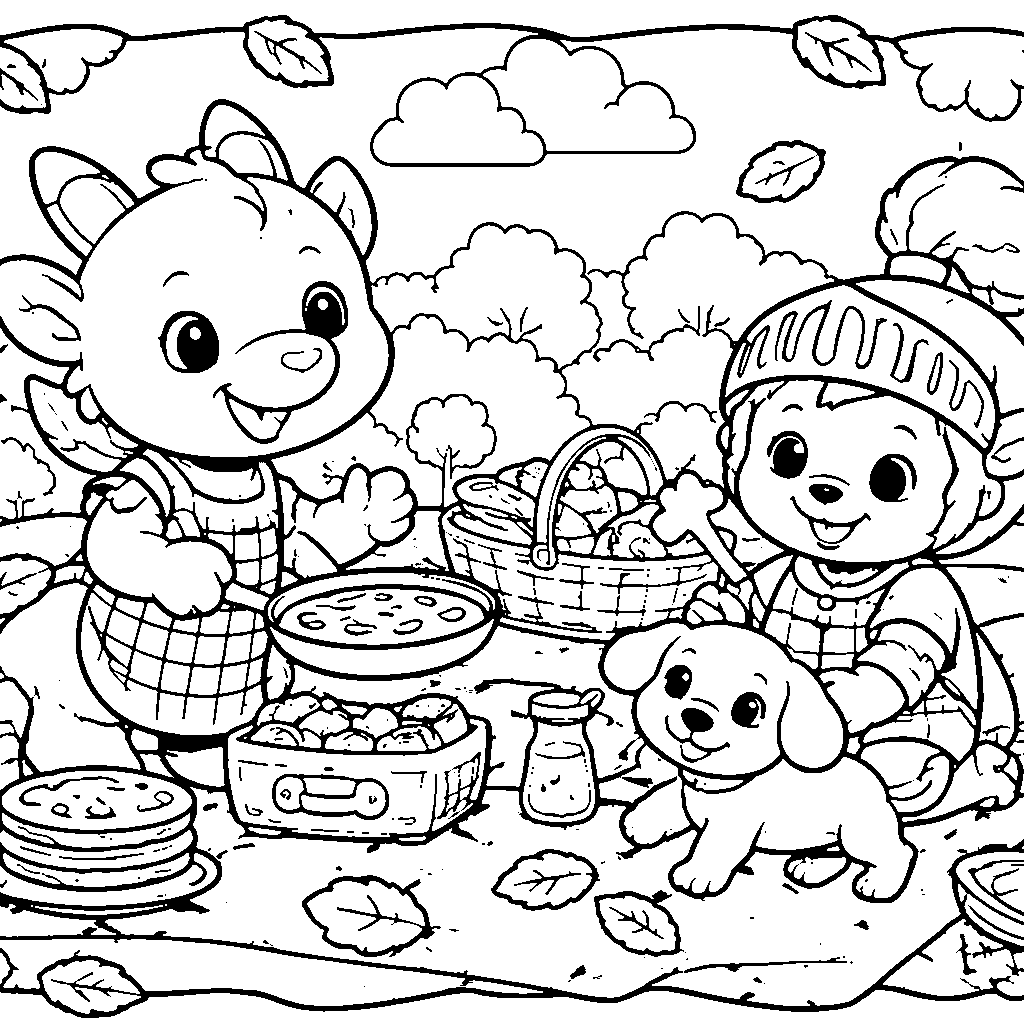 Páginas para Colorir: Dragão e Cavaleiro no Picnic