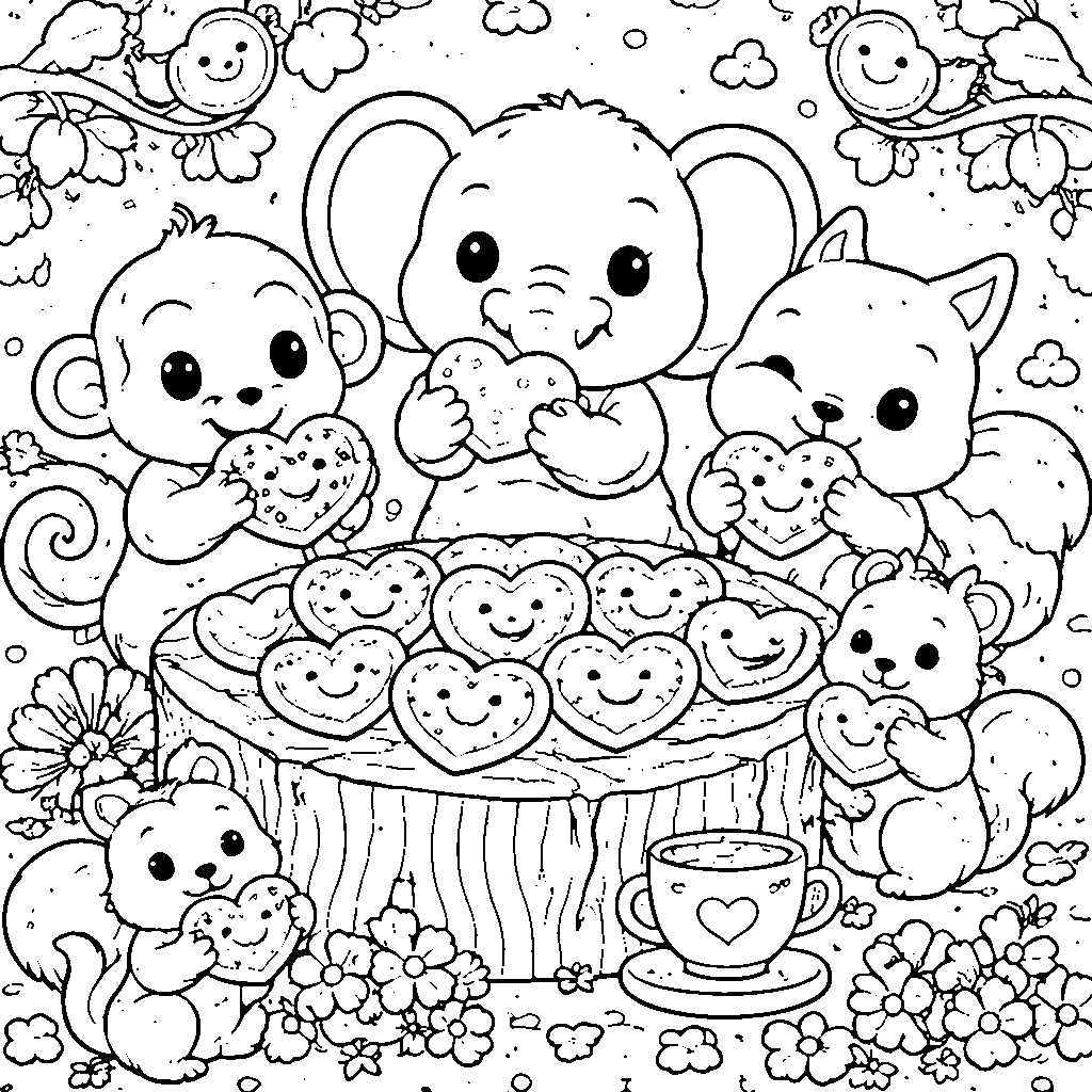 Amigos animais compartilhando biscoitos em forma de coração
