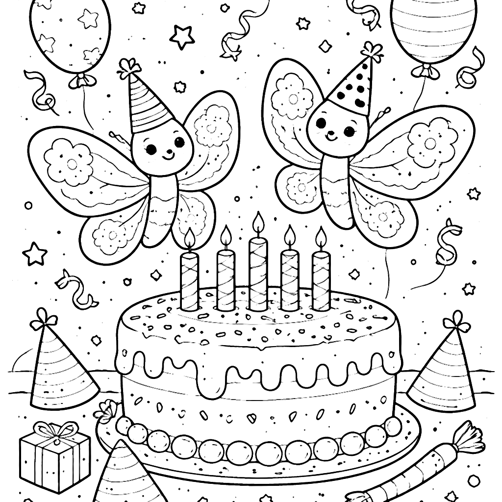 Borboletas em um Bolo de Aniversário para Colorir – desenho para colorir e imprimir
