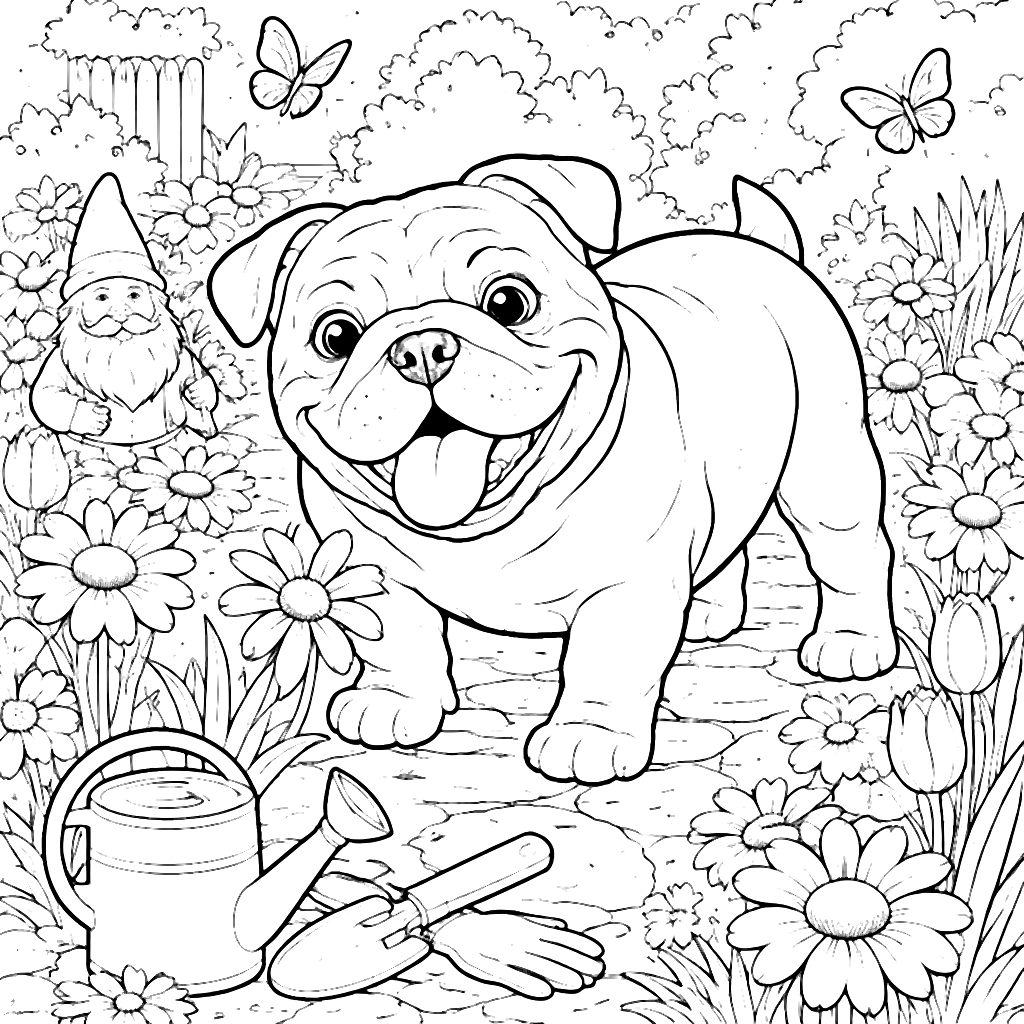 Bulldog Inglês Explorando um Jardim Lindo – desenho para colorir e imprimir