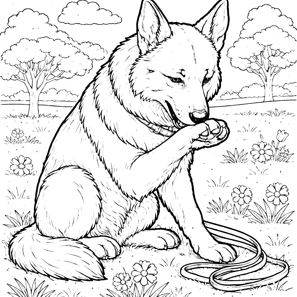 Cachorro Pastor Alemão se Grooming no Parque – desenho para colorir e imprimir
